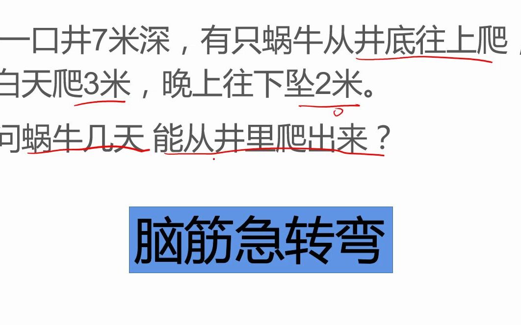 趣味数学:井深7米,蜗牛白天爬3米晚上掉2米,多久能爬出?哔哩哔哩bilibili