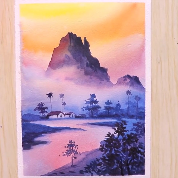 初学者画水彩风景画《山河小村庄》水彩基础画过程_哔哩哔哩_bilibili