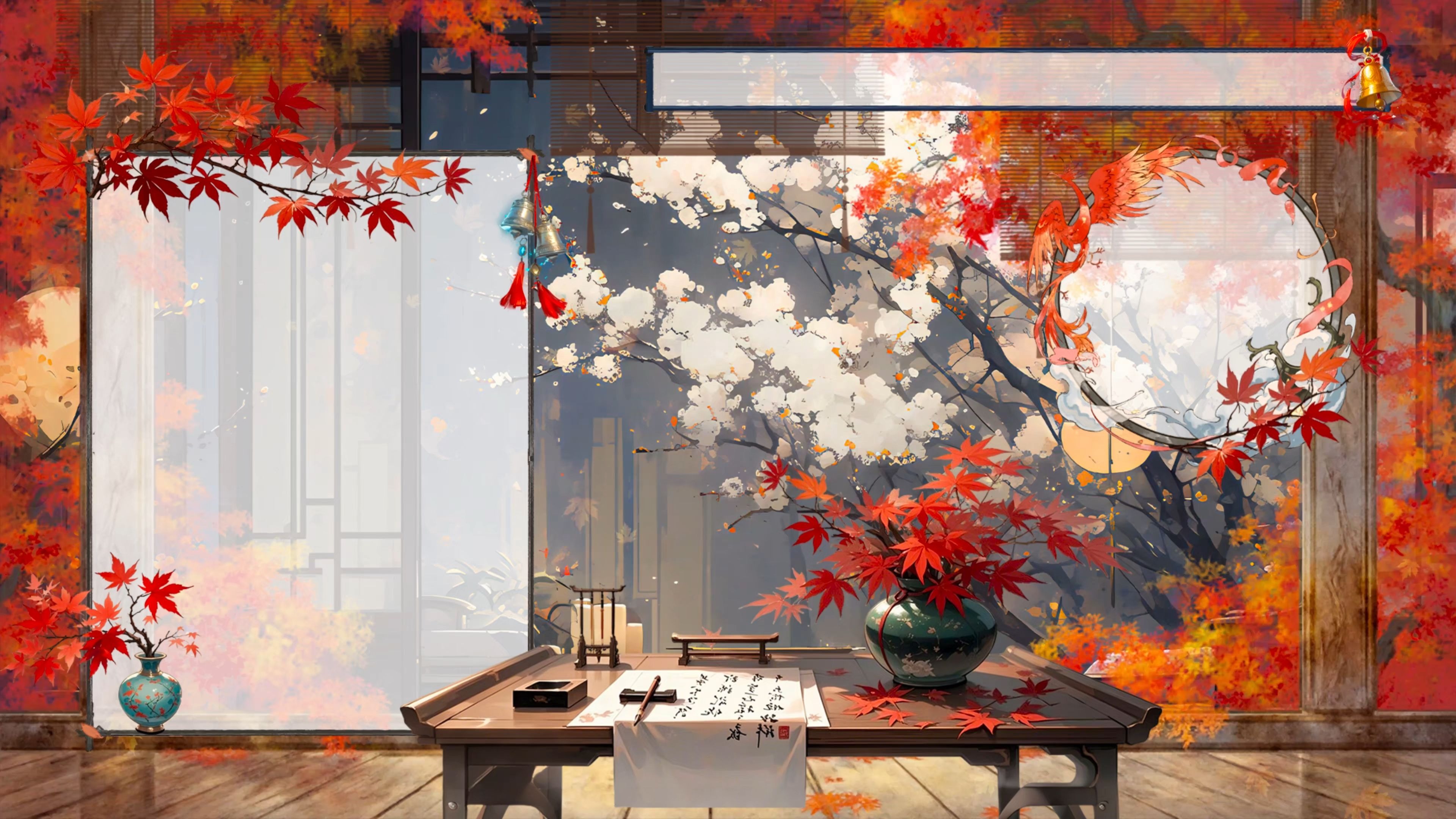 秋天枫叶主题动态场景背景/虚拟主播直播素材ui全套vup中国风古风国风