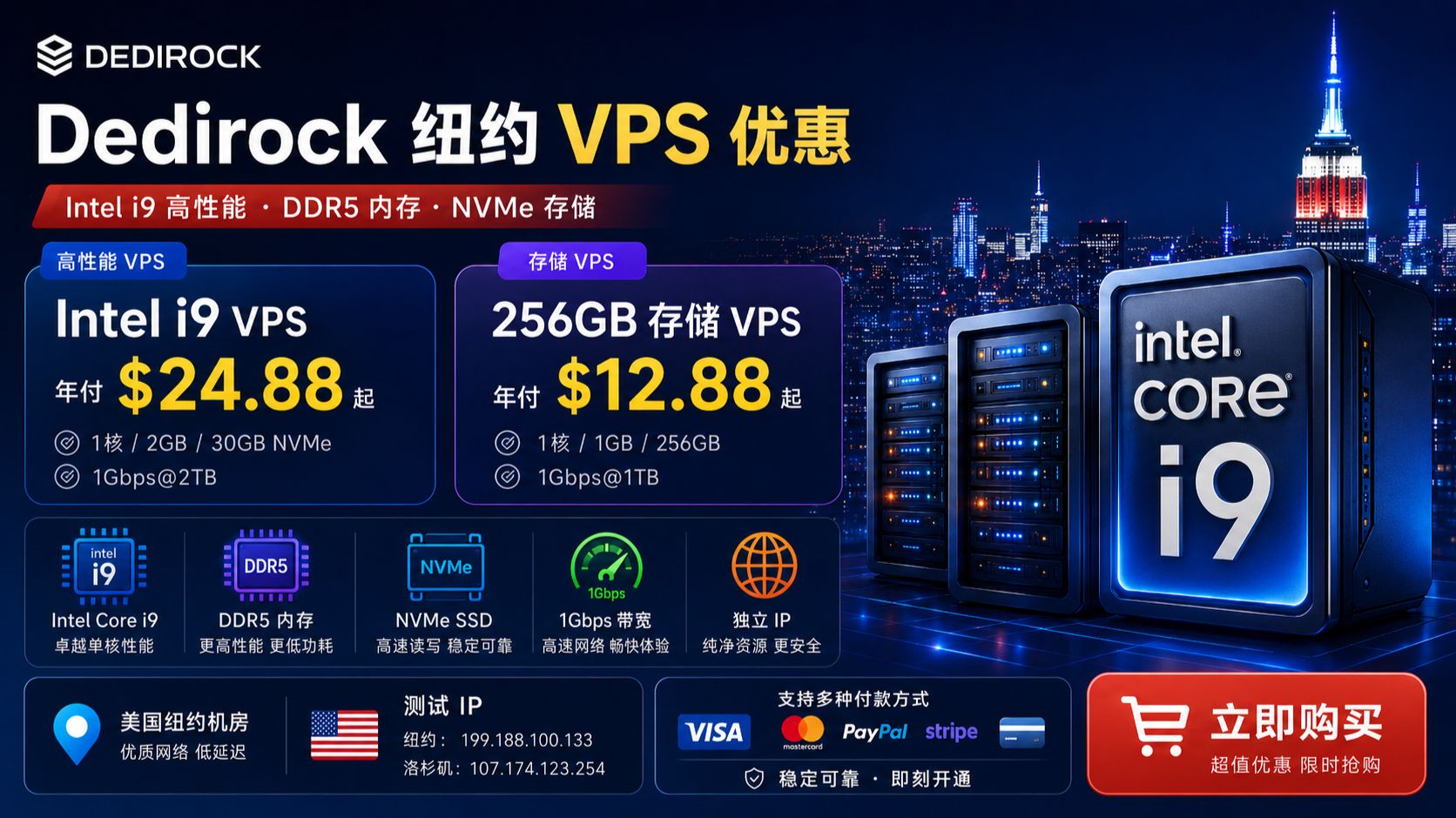 Intel i9 年付 $24.88!Dedirock 纽约 VPS 测评:256GB 存储款 $12.88 / 年