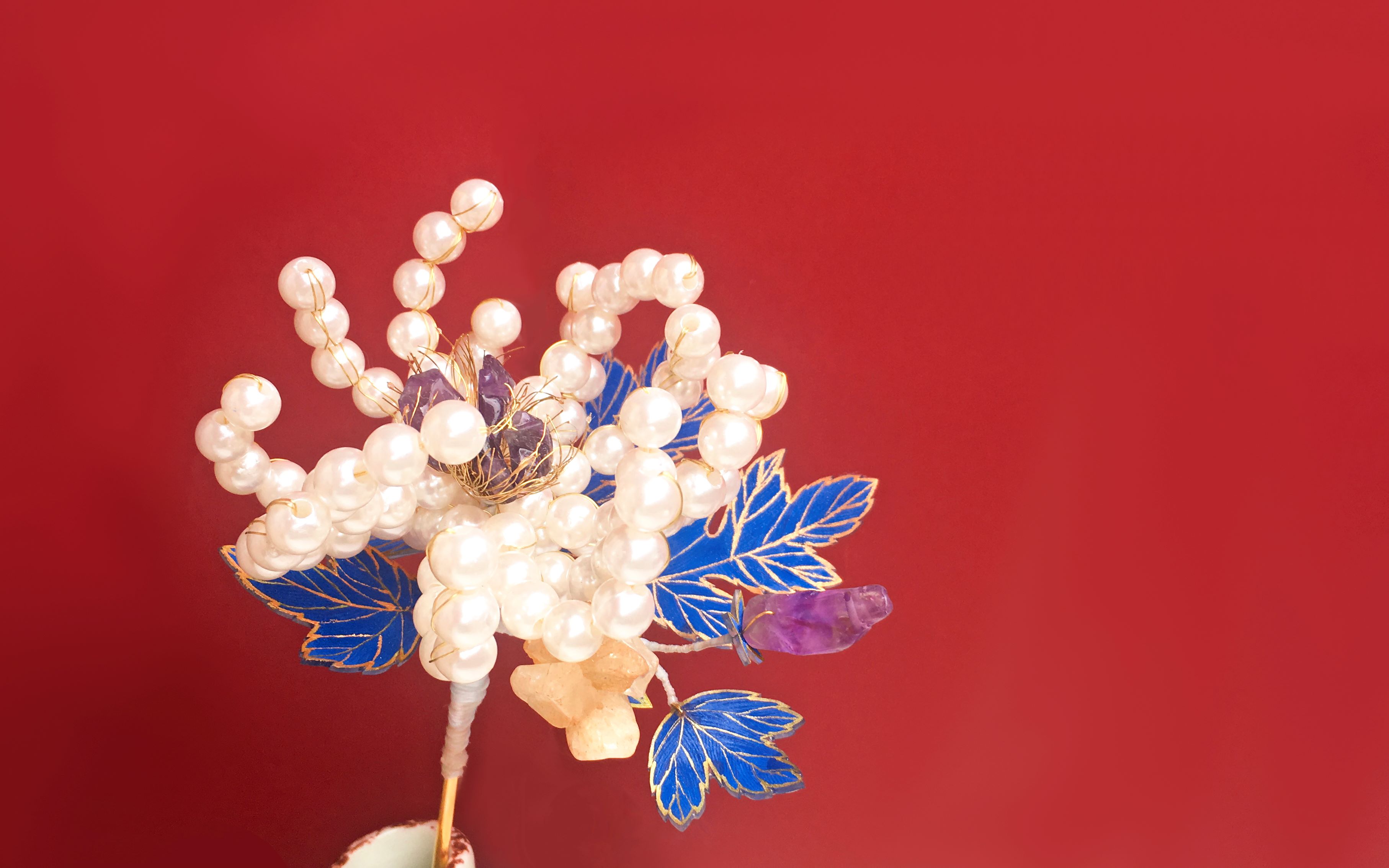 纯手工复原清代银镀金点翠嵌珠宝菊花簪——热缩片 绕线 仿点翠组合初