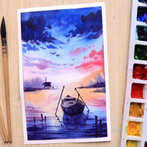 水彩】日落晚霞和船水彩画_哔哩哔哩_bilibili