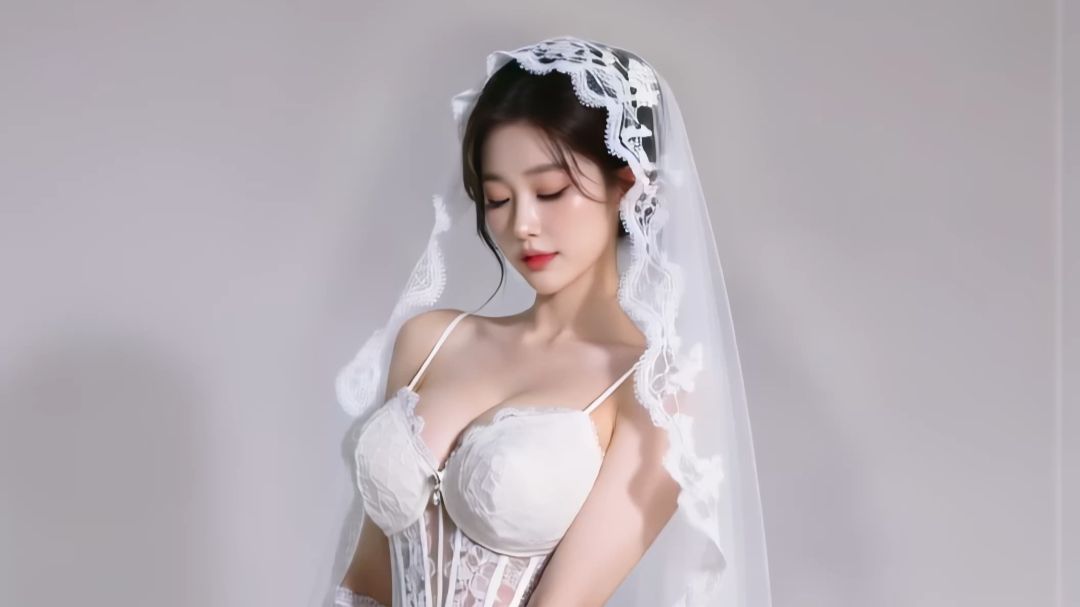 蕾丝腰封开叉缎面白纱搭配柔纱头纱