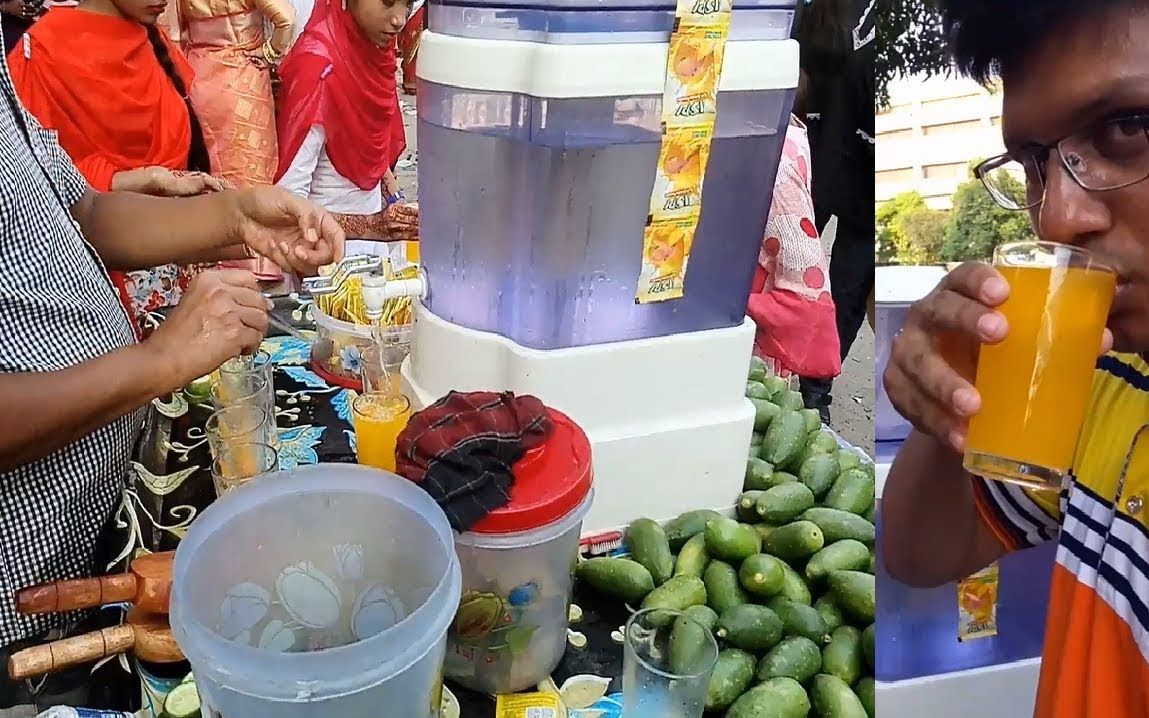 孟加拉国街头冷饮摊,1块钱一杯混合柠檬汁