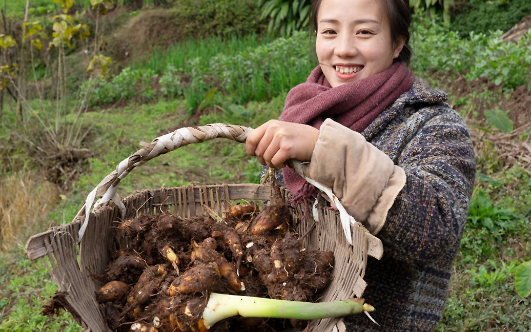 农村小妹挖了好多小芋头,直接蒸熟蘸酱吃,吃得真有食欲哔哩哔哩bilibili