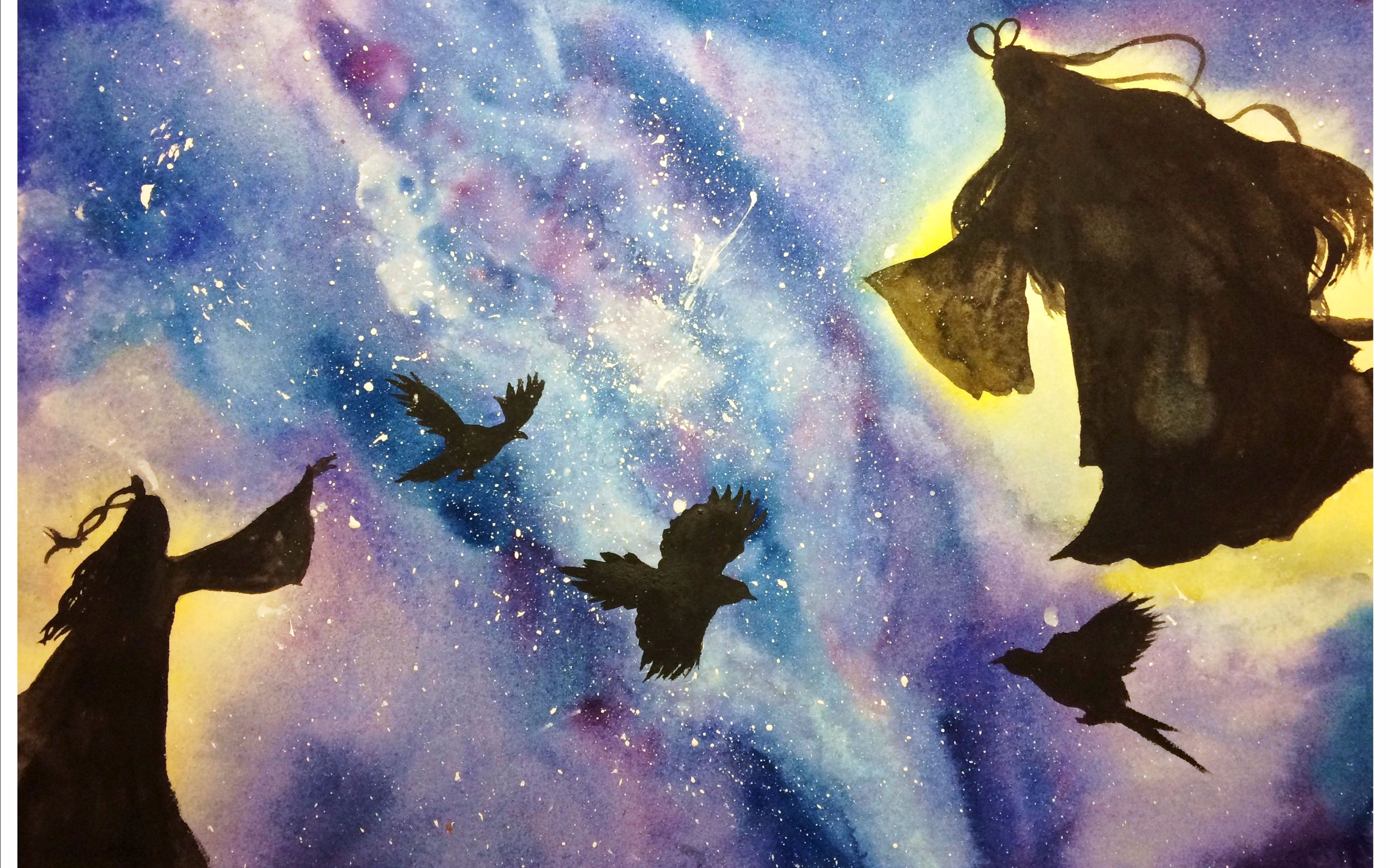 大脸猫水彩七夕节主题星空银河新手向入门水彩绘画创作湿画法创作