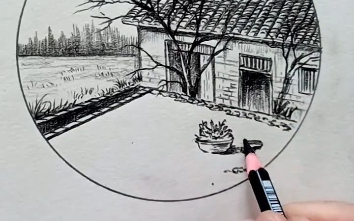 [图]一分钟学素描风景最美不过是家乡风景画画画零基础学画画美术生素描风景素描