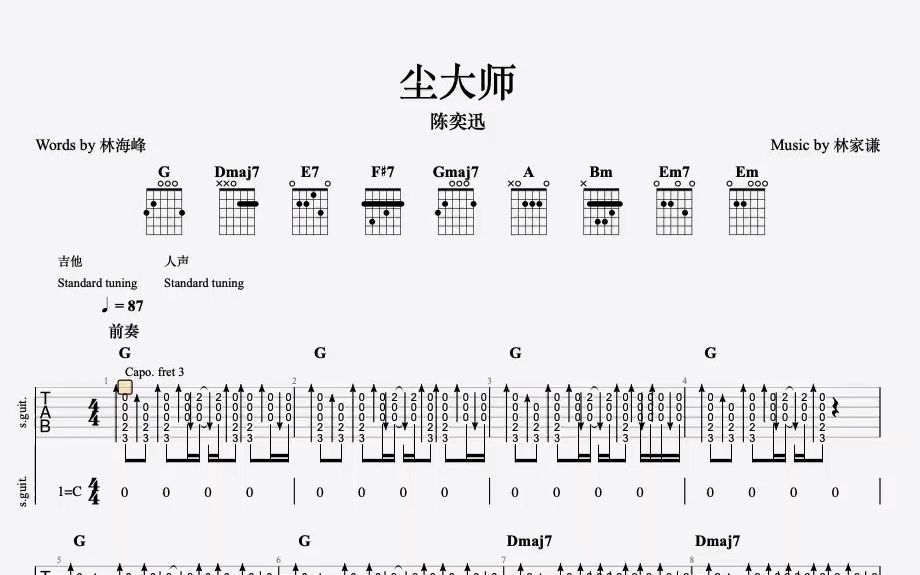 陈奕迅《尘大师》吉他谱95%贴合原曲(左耳吉他右耳原曲)