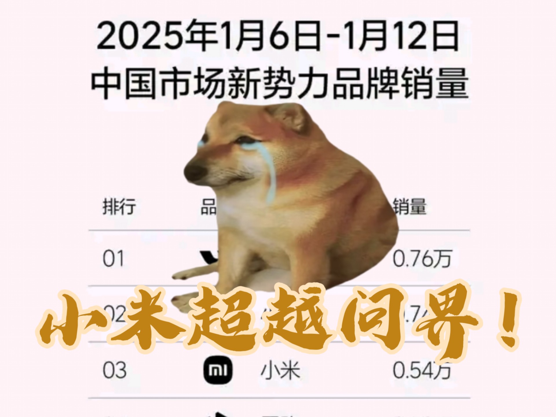 2025年1月6日1月12日中国市场新势力品牌销量,小米夺第三超越问界!热情网友友友友友纷纷纷纷纷纷发来祝贺哔哩哔哩bilibili