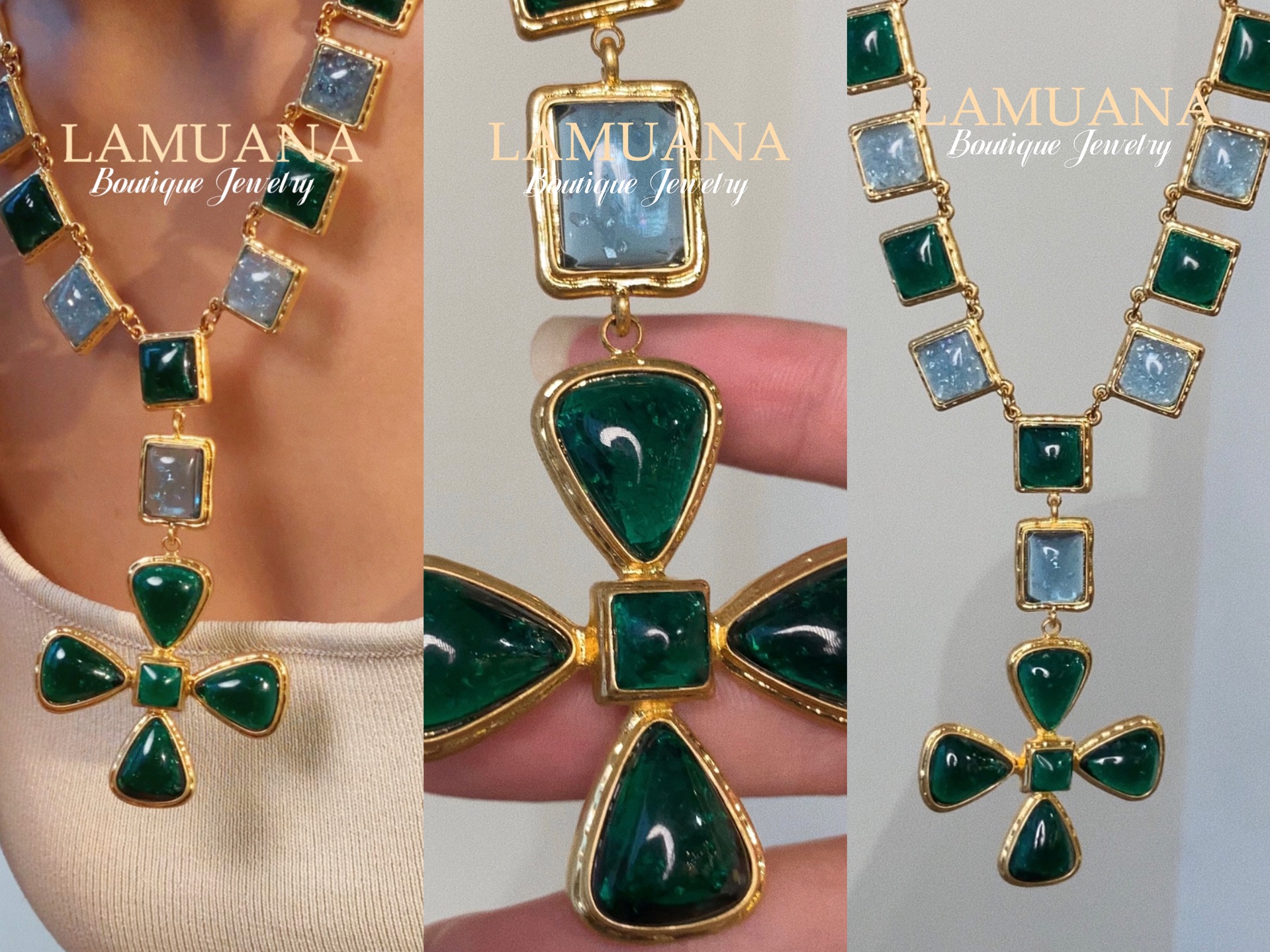 back to 1960s!翠绿琉璃十字架项链