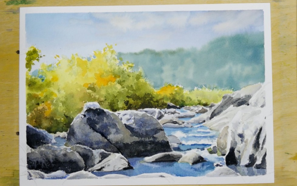 在家无聊不如一起来画画,水彩绘画,小溪河流风景画过程实录.