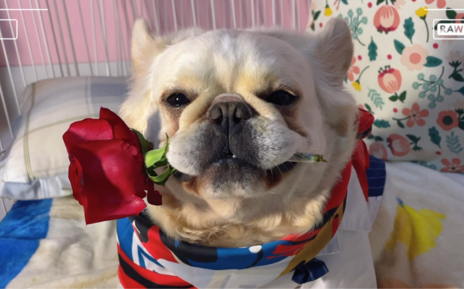 狗叼着玫瑰花的表情图片