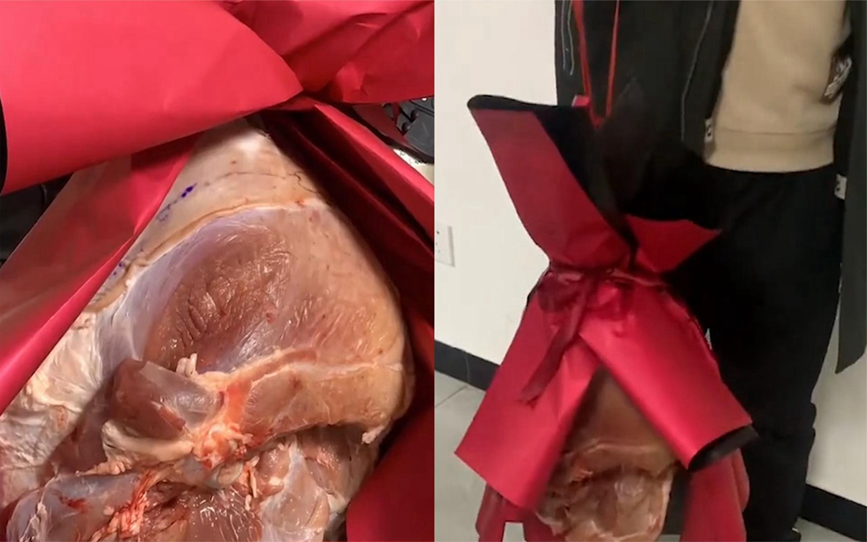 女子情人节收老公"猪肉花束",大卸八块后开心直呼:实用又好看