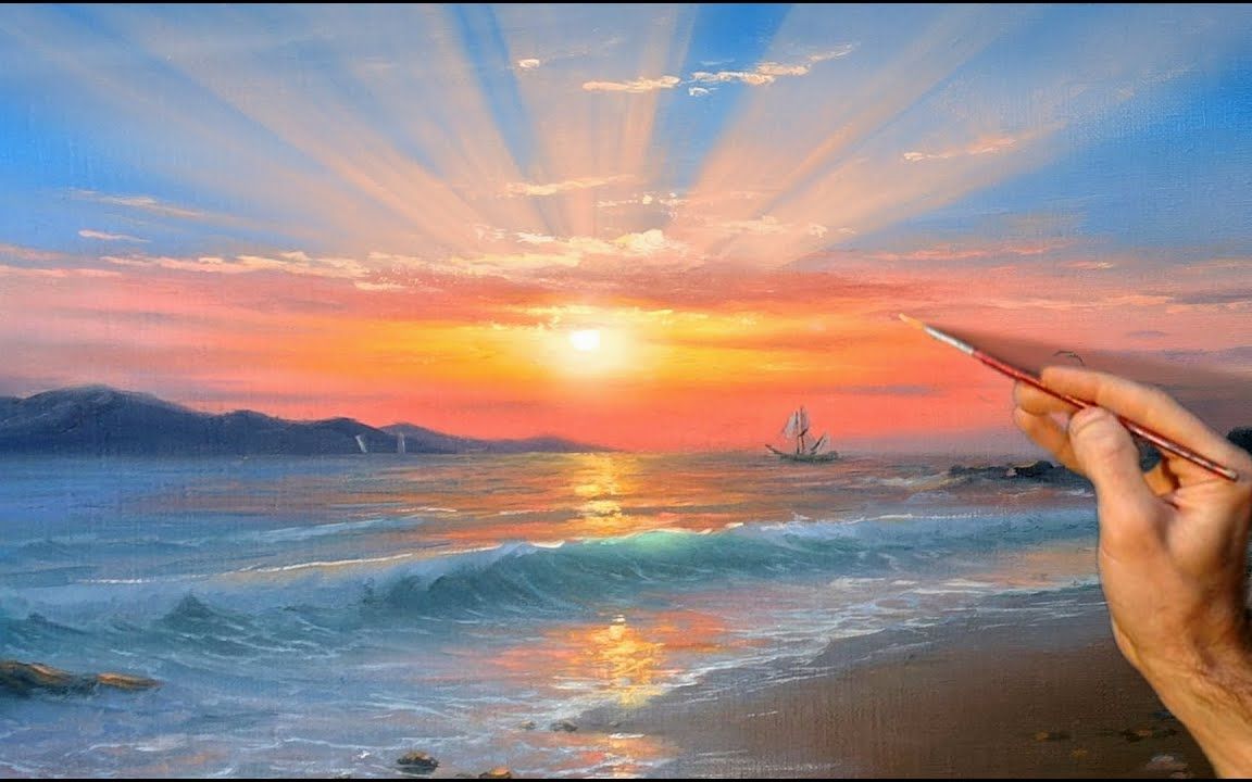 【油画】绝美的海上日落,比照片还要美!