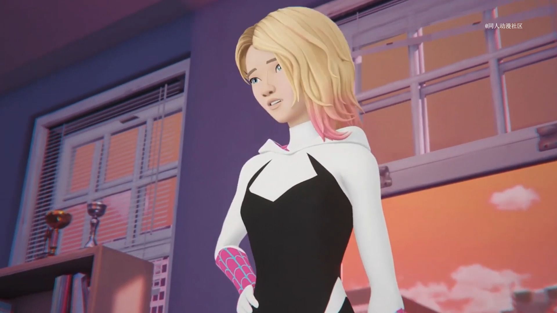 休闲时刻的女蜘蛛侠格温3d视频