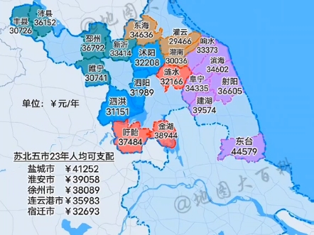 江苏苏北五市2023各县人均可支配收入一览,目前只有盐城市超过全国人均可支配39218元,其他四市市均未达标,数值越低潜力越大.#苏北 #苏北五市哔...