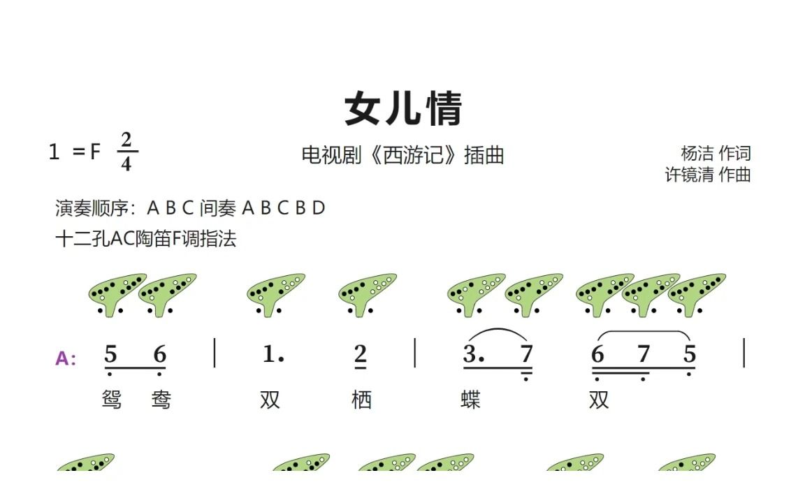 陶笛女儿情曲谱12孔图片