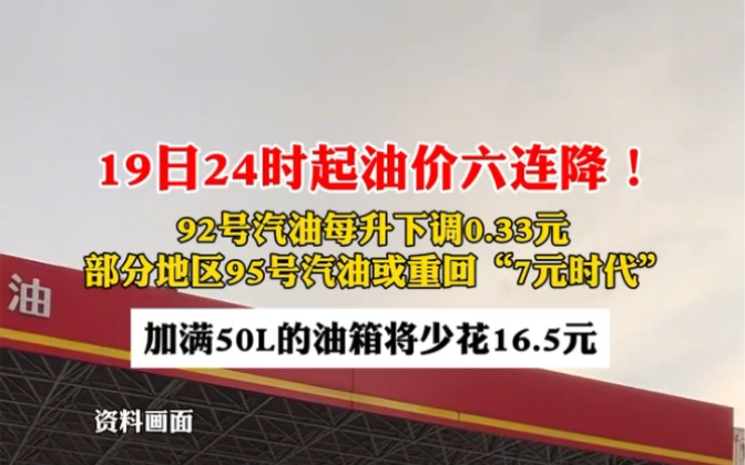 19日24時起油價六連降!92號汽油每升下調0.