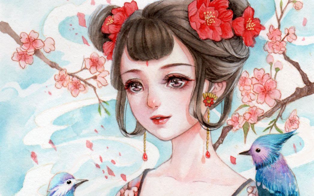 活动作品古风水彩手绘双丫髻的粉嫩小妹纸