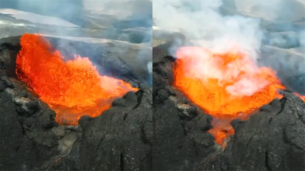 空中视角显示俄罗斯火山爆发场景,岩浆不断地翻滚沸腾,喷涌而出哔哩哔哩bilibili