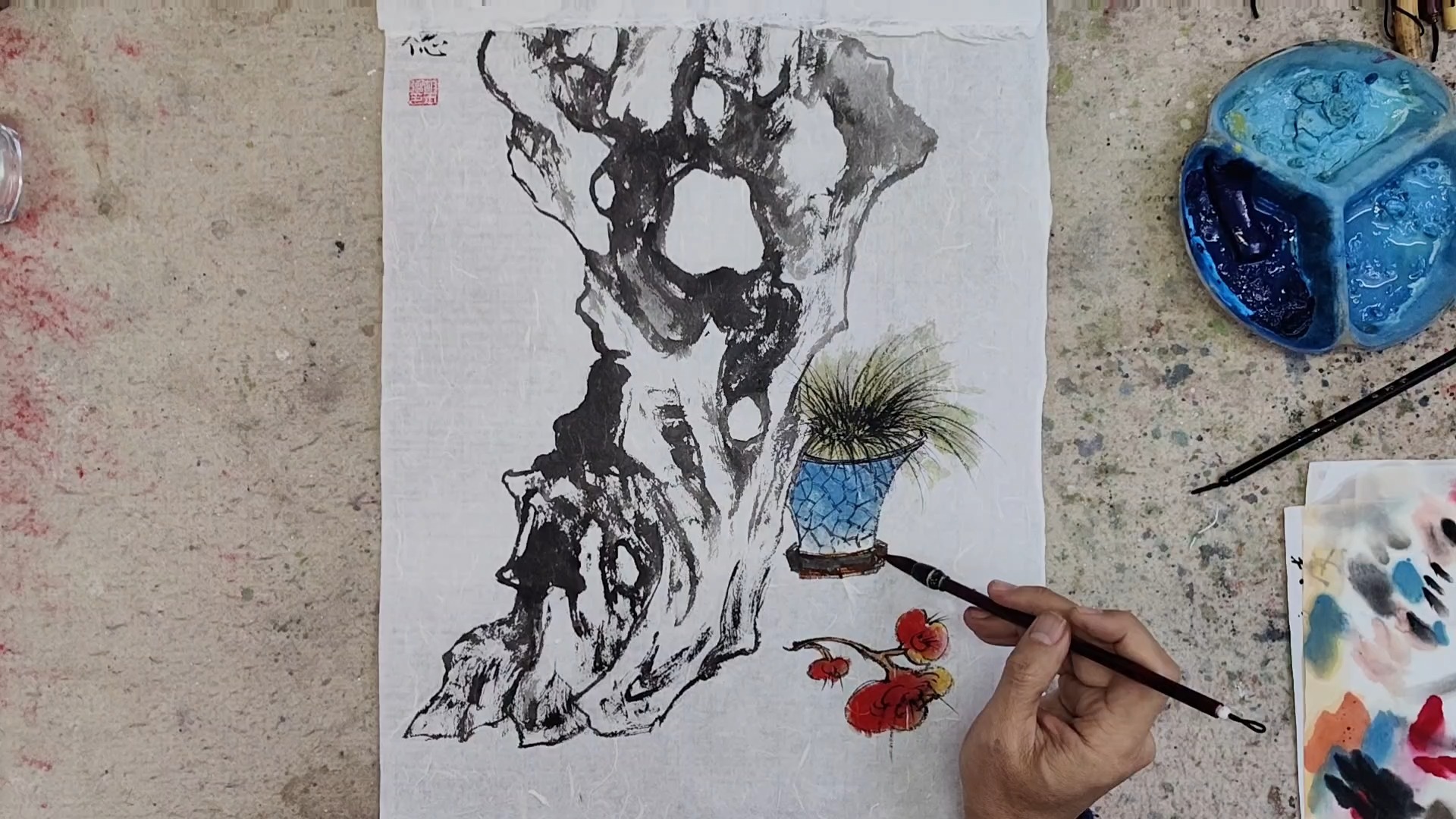 《延年益寿》太湖石灵芝与菖蒲组合国画