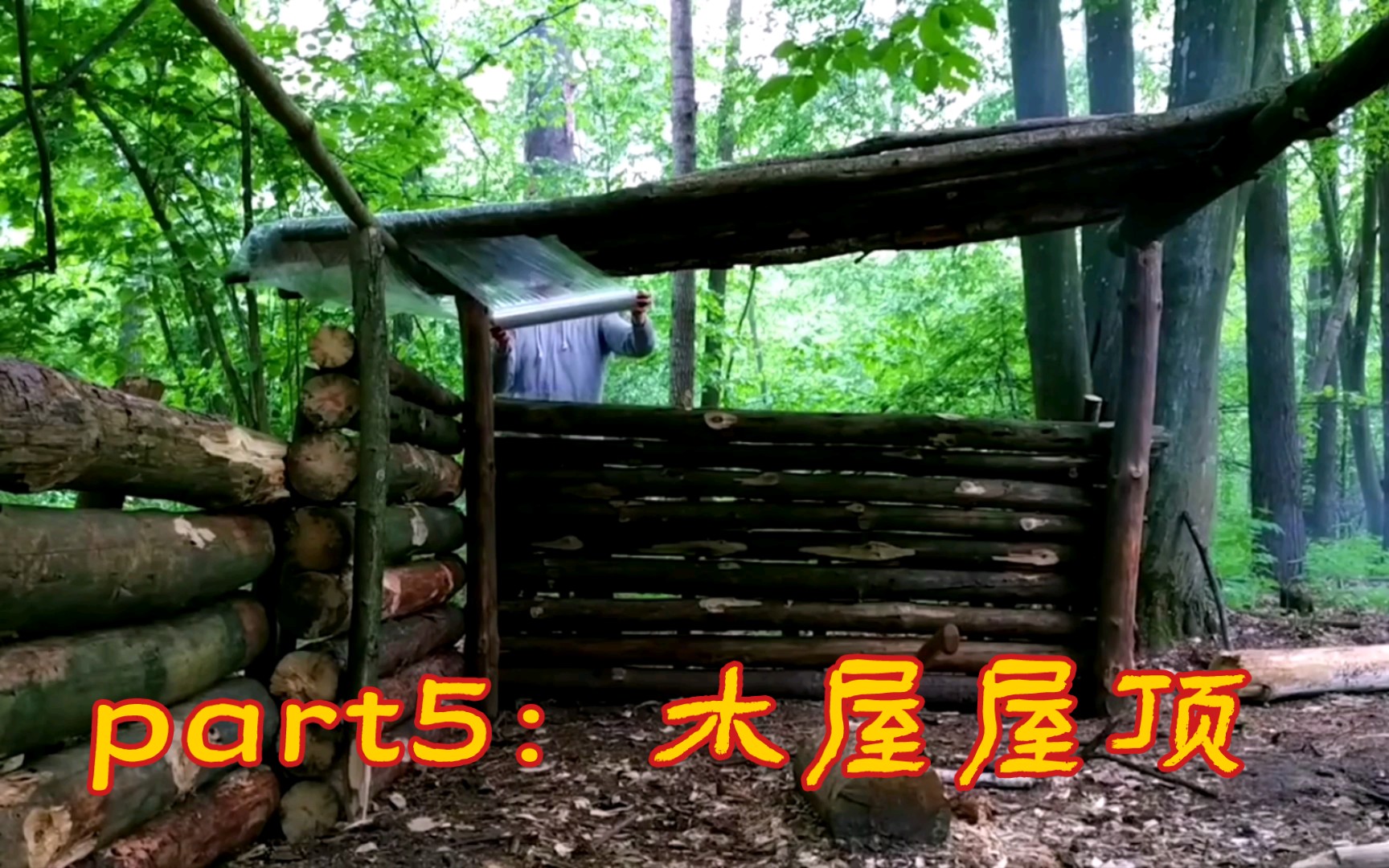 [图]建造露营地庇护所小屋第五部分，用木头铺木屋屋顶，塑料膜覆盖防雨防风，炭火烤肉