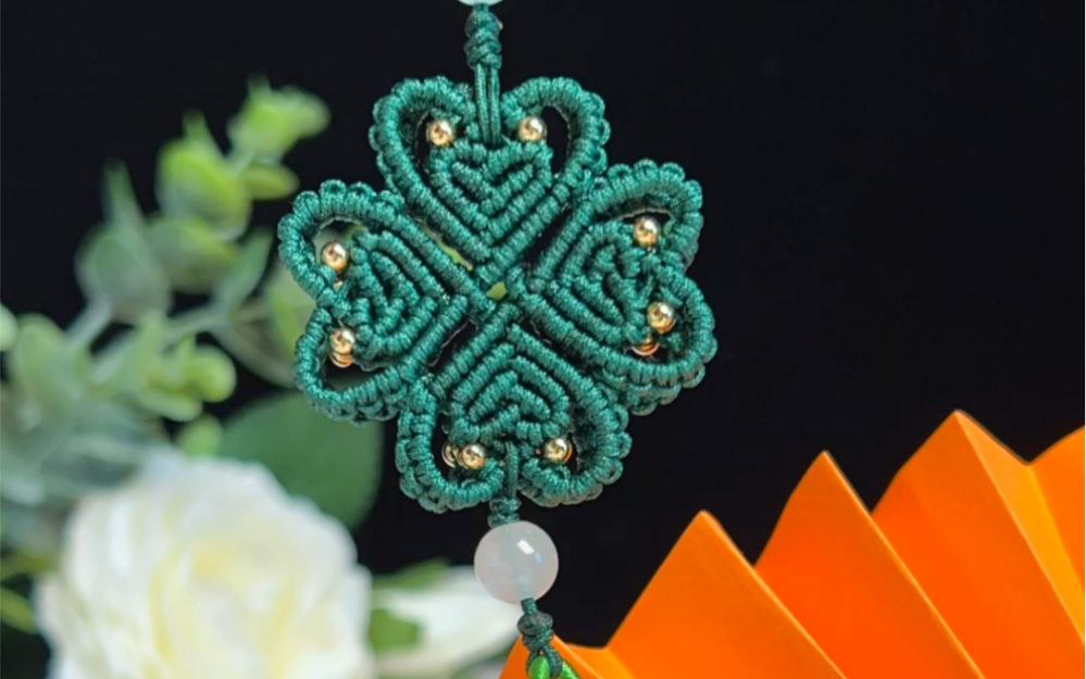 古风双面四叶草镂空流苏挂件,手工编绳diy挂件视频教程