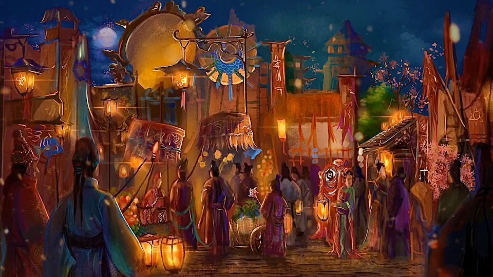 灯火辉煌,热闹非凡向长安,对秋灯,几人老 长安城中秋夜长,佳人锦石捣