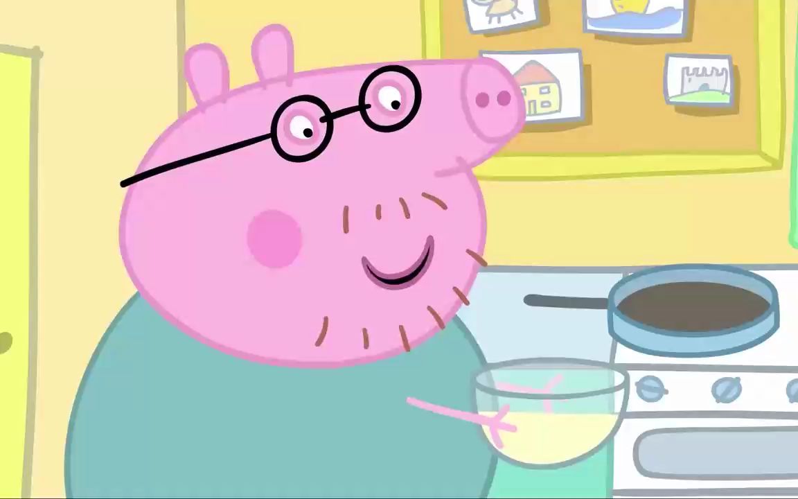 小猪佩奇:一家人吃煎饼,猪爸爸真是高手,竟然把煎饼甩到房顶