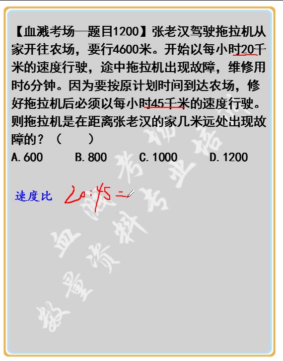 张老汉驾驶拖拉机从家开往农场,要行4600米.开始以每小时20千米的速度行驶,途中拖拉机出现故障,维修用时6分钟.因为要按原计划时间到达农场,修...