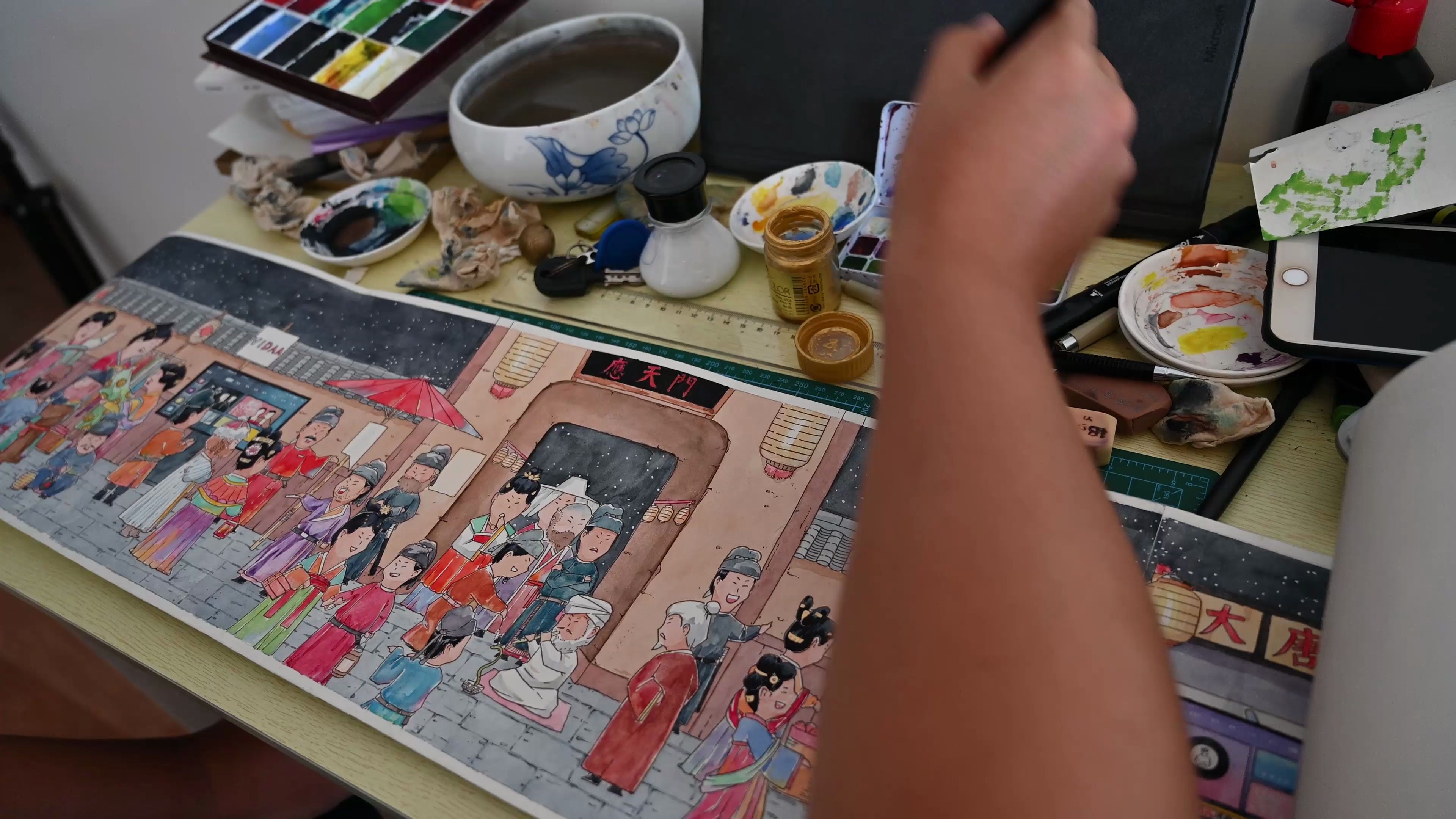 【水彩画-大唐夜市儿】3米手绘大唐夜市儿,找到里面有几只小动物的有