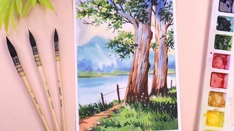 水彩水彩一个美丽的树木和河流风景画 哔哩哔哩