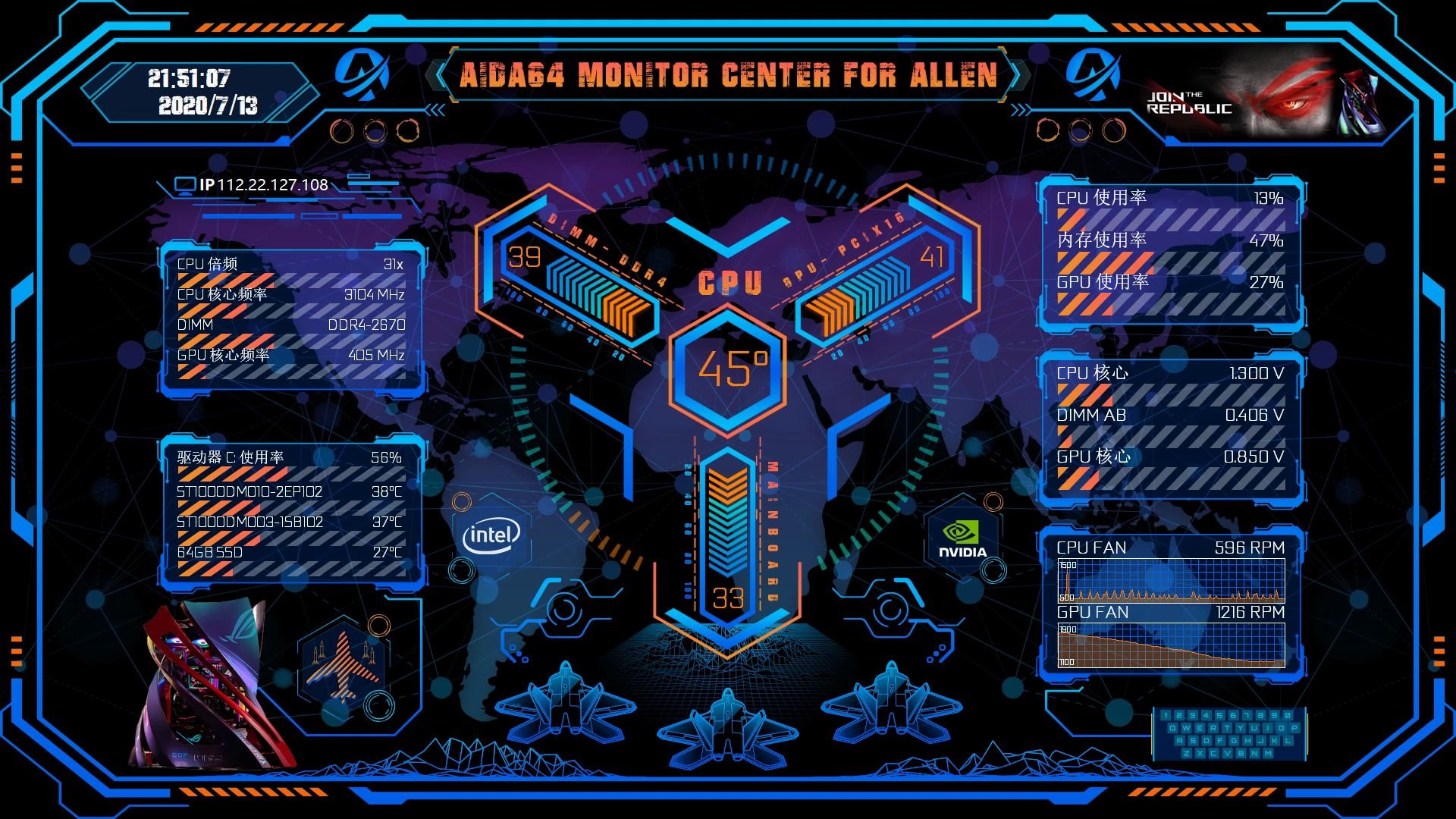 aida64炫酷副屏rog败家之眼科技转盘监控模板