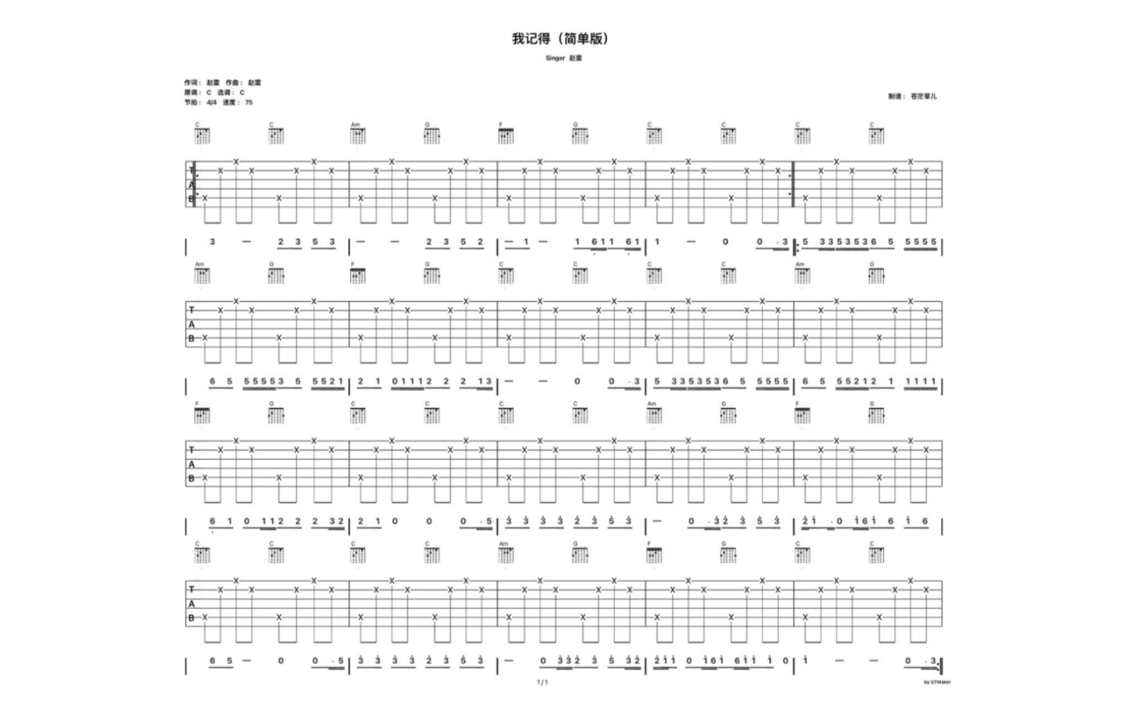 自扒吉他谱 《我记得》(简单版)哔哩哔哩bilibili