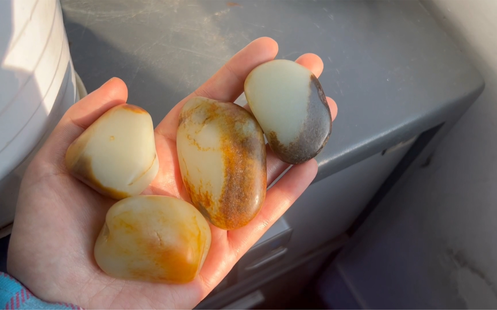 4块新疆和田玉籽料原石里,每块皮色都差别大.