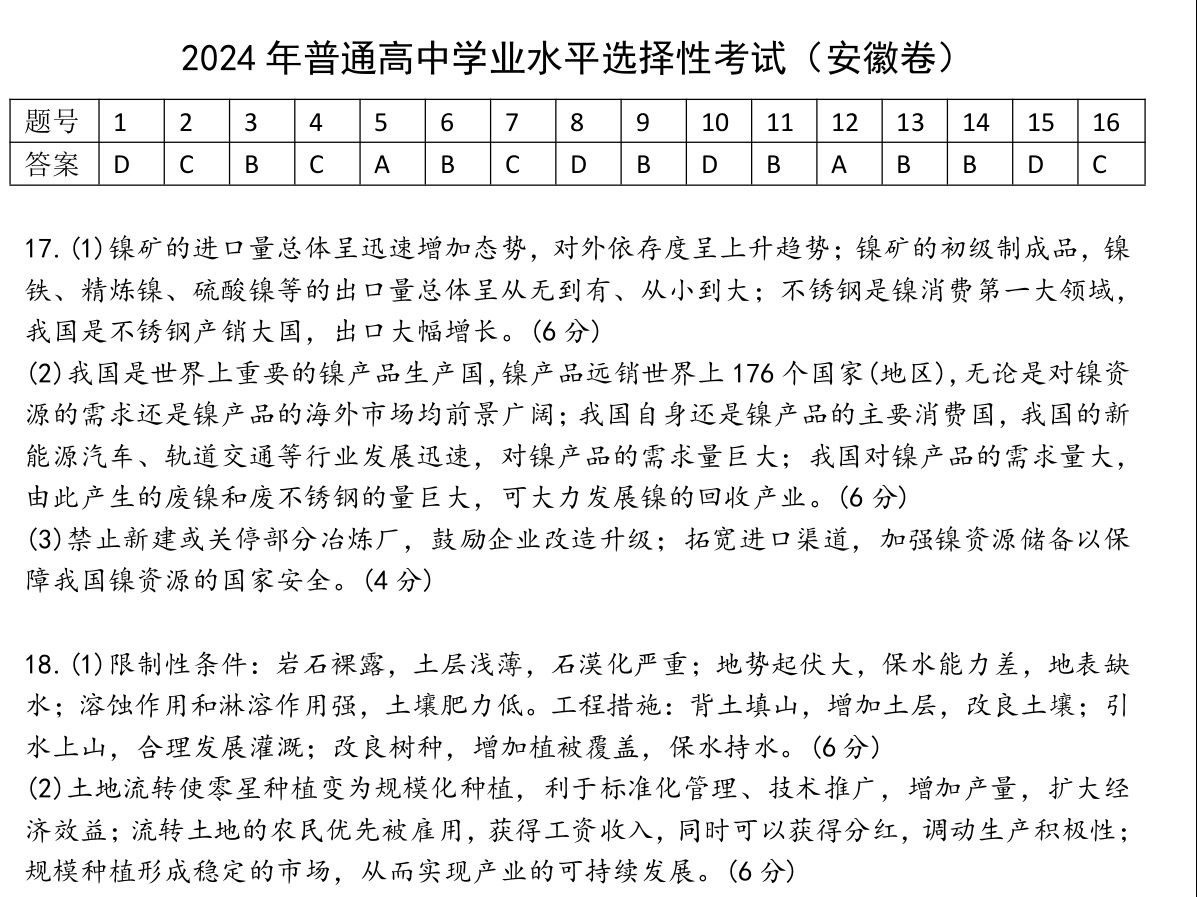 2024高考安徽卷地理真题+答案哔哩哔哩bilibili