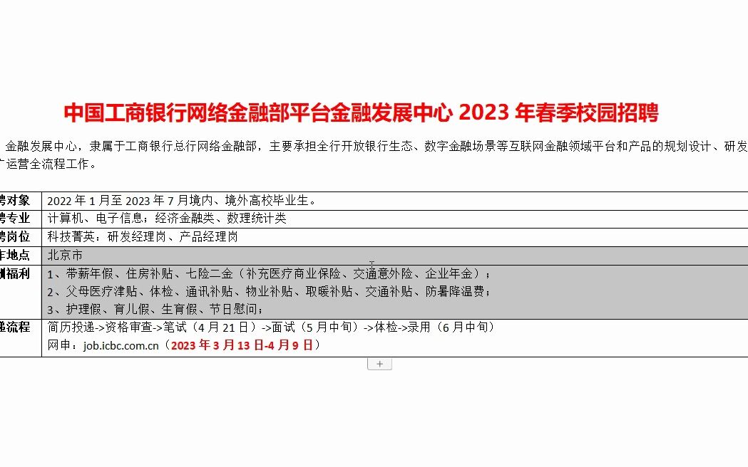 中国工商银行网络金融部金融发展中心23年春招哔哩哔哩bilibili