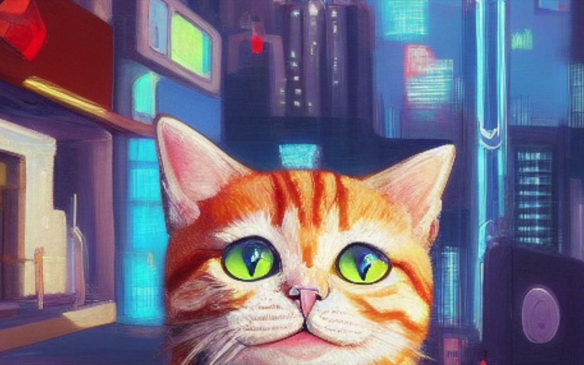 一只猫在赛博朋克城市里