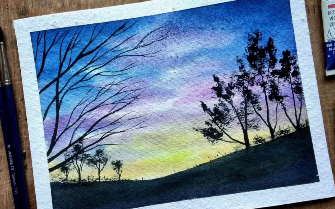 水彩入门风景教程|落日余晖,跟着david学画画