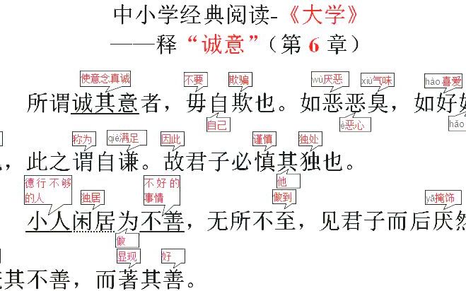 [图]中小学国学经典阅读，曾子著《大学》第6章，君子要有真诚的意念