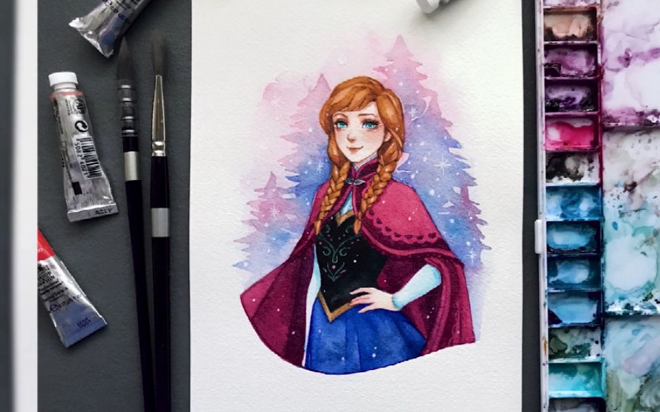 水彩人物绘画冰雪奇缘安娜公主