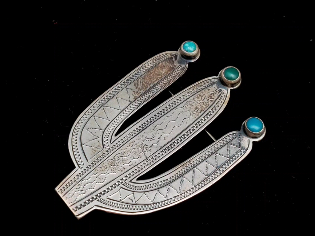 印第安银饰纳瓦霍族手工松石仙人掌银制胸针