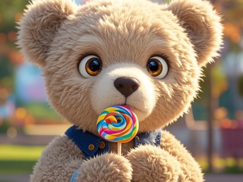 玩具小熊吃棒棒糖