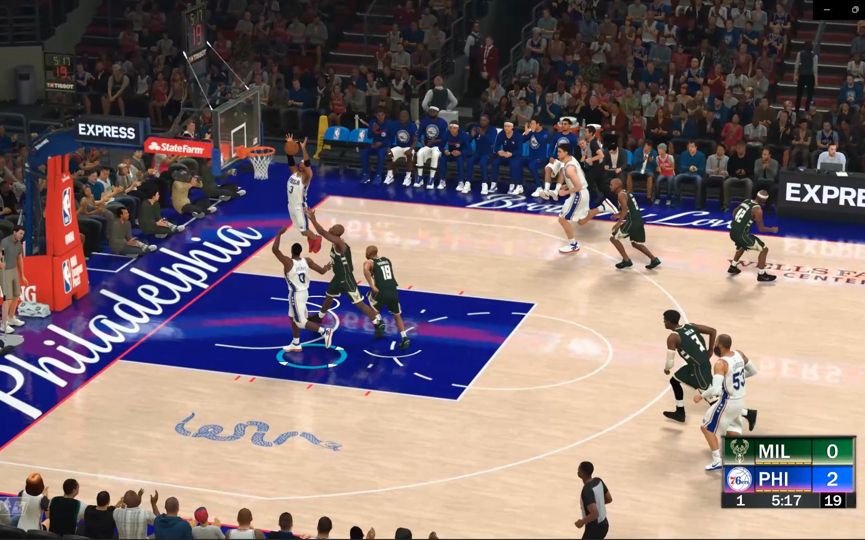 nba2k终极联盟0203常规赛第十一场76人vs雄鹿1分20秒与19分55秒