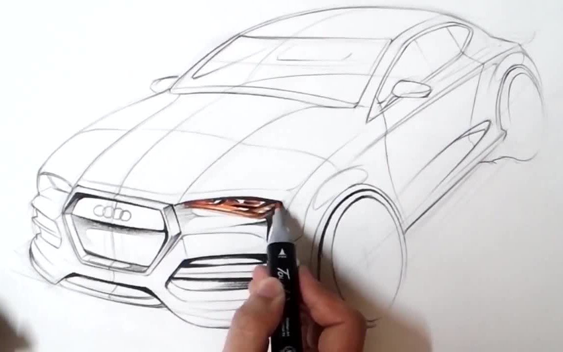 奥迪汽车手绘及马克笔上色视频教程AUDI coupe Design Sketch (Color Pencil Marker)哔哩哔哩bilibili