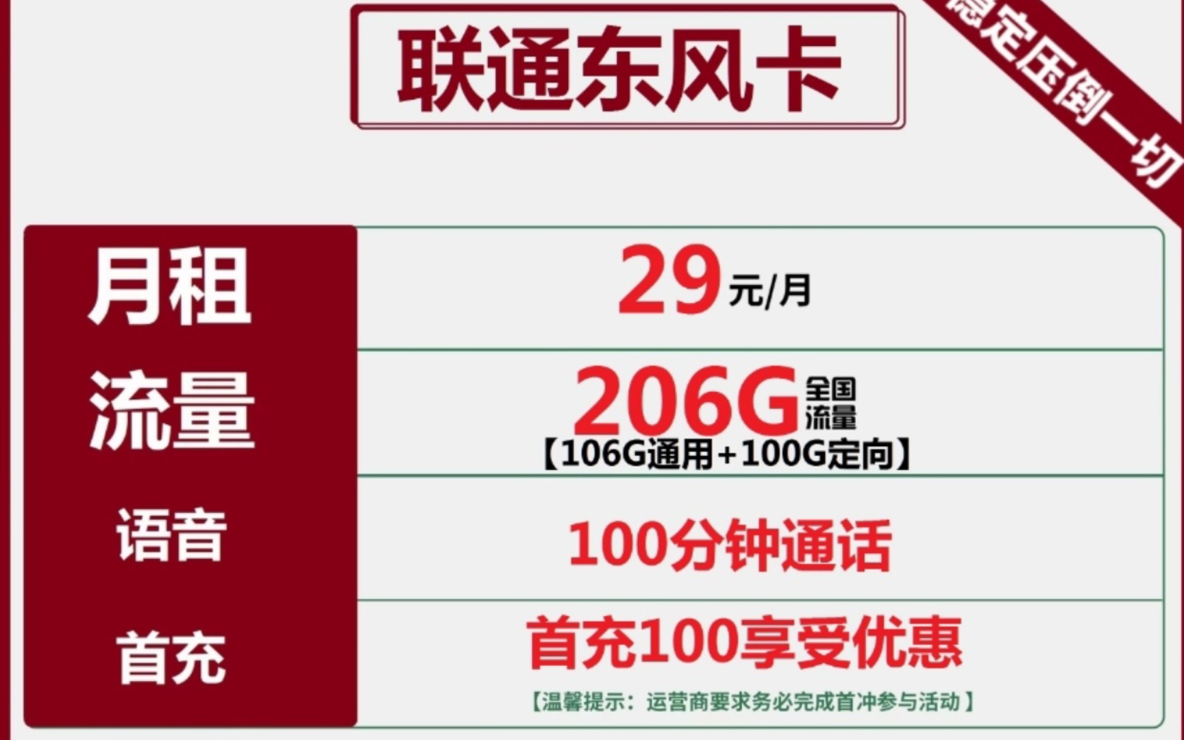 [图]河南联通东风卡29元包106G通用流量+100G定向流量+100分钟通话