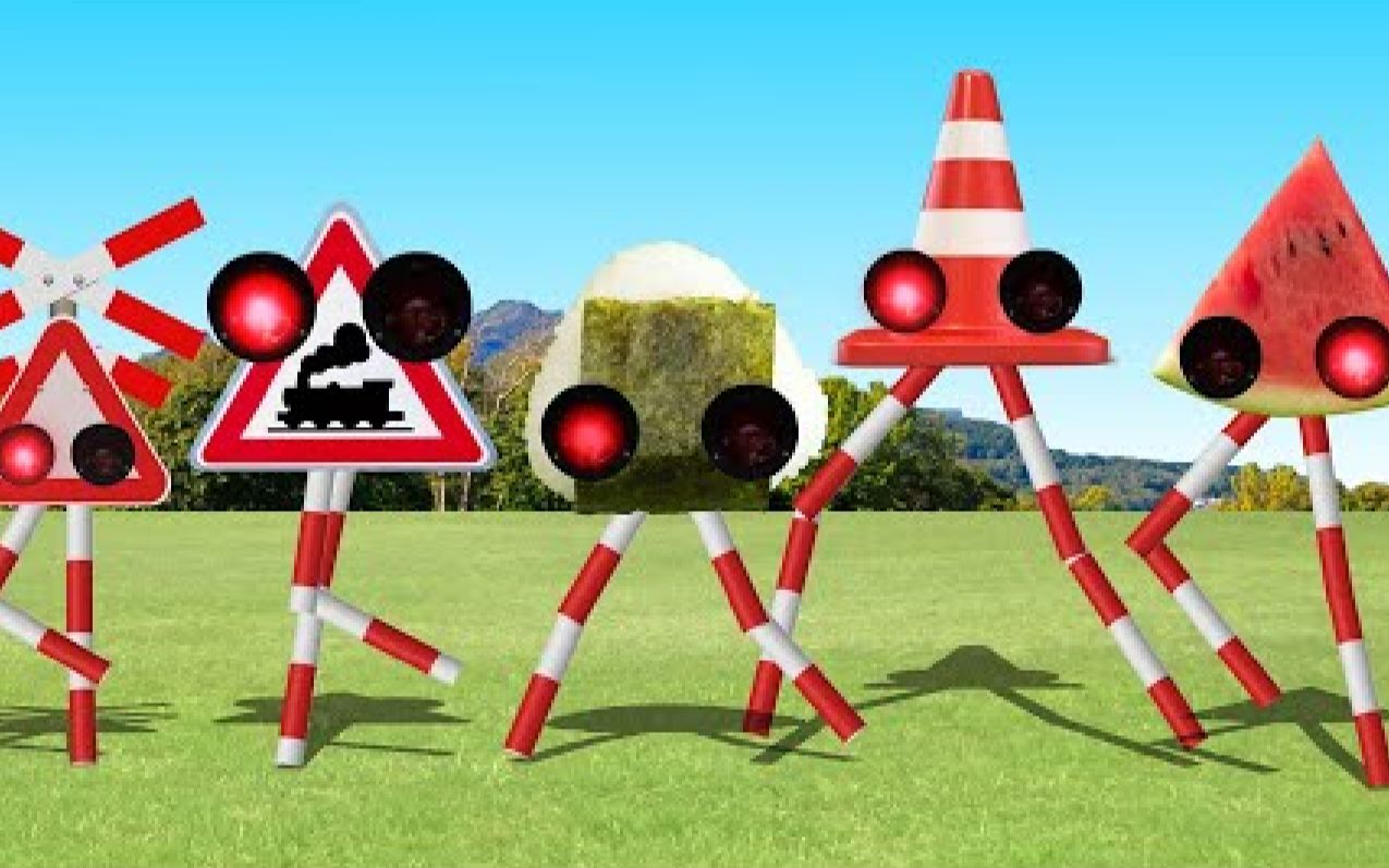 三角形红灯机器人集合,一起在公园散步