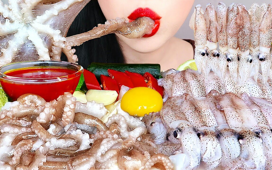 hongyu生吞章鱼鱿鱼刺身声控食音咀嚼音