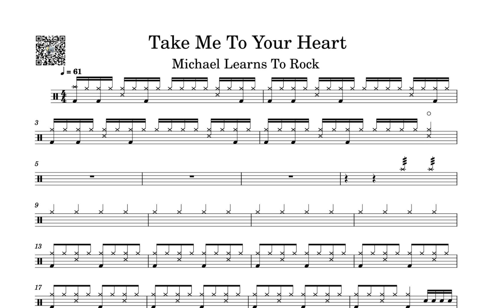 [图]《Take Me To Your Heart》Michael Learns To Rock  架子鼓鼓谱