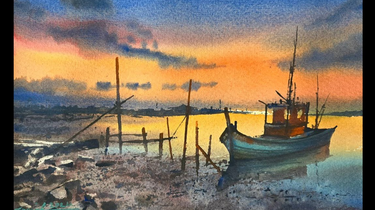水彩画(海景)№43 海滩日出水彩画--Javid Tabatabaei_哔哩哔哩_bilibili
